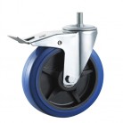 75mm-200mm Industrial blue elastic rubber caster wheel thread stem with braked fork,roller bearing/double ball bearing